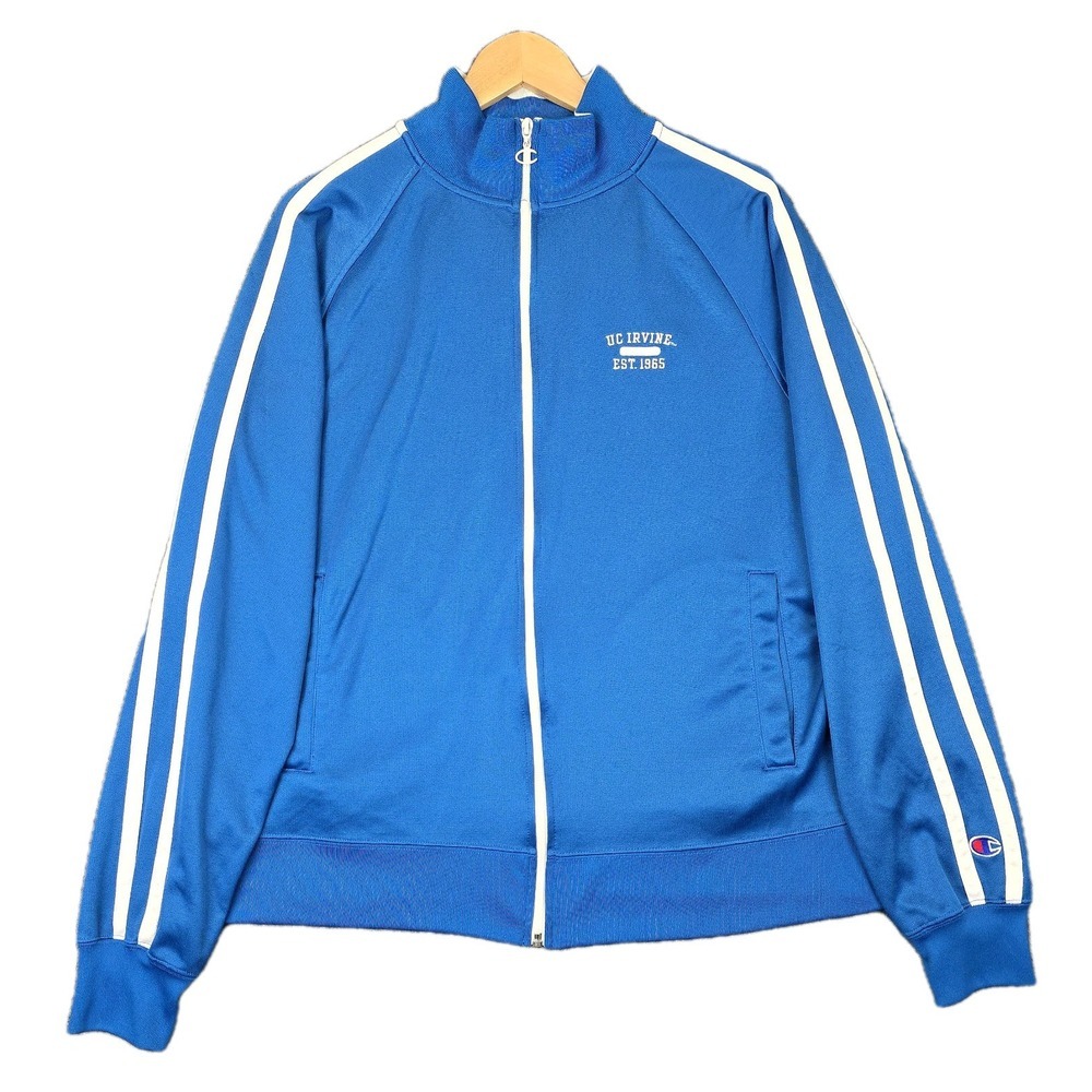 Vintage 1980s Champion UC Irvine Track Jacket – Blue with White Stripes, Size XL